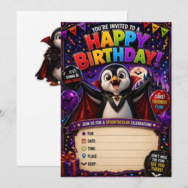 Invitaciones de cumpleaños de pingüino vampiro (Anverso / Reverso)