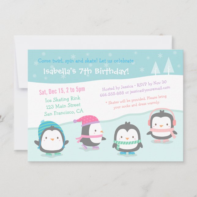 Invitaciones de Cumpleaños de Pingüinos Patinando  (Anverso)