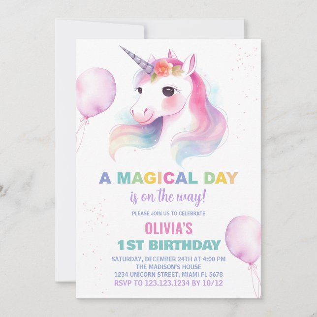 Invitaciones de cumpleaños de Pink Ballons Unicorn (Anverso)