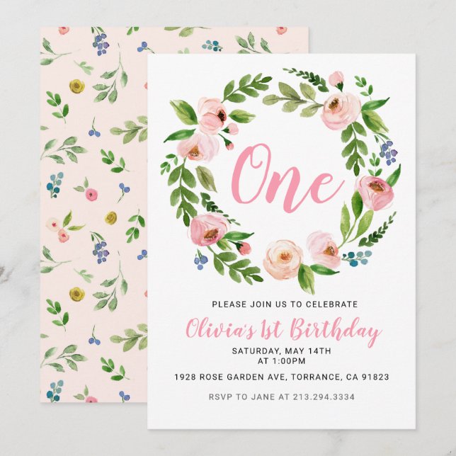 Invitaciones de cumpleaños de Pink Floral | Chica  (Anverso / Reverso)