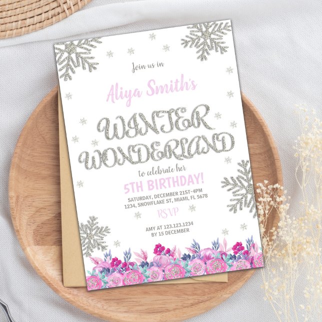 Invitaciones de cumpleaños de Pink Floral Winter W (Pink Floral Winter Wonderland Birthday Invitations)