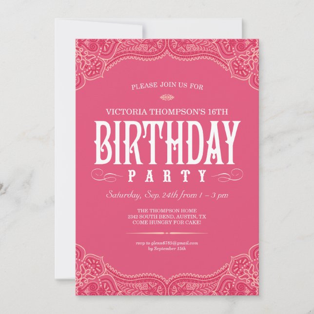 Invitaciones de cumpleaños de Pink Paisley (Anverso)