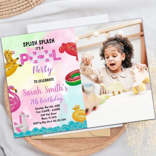 Invitaciones de cumpleaños de Piscina Rosada con f (Pink Pool Birthday Invitations with photo)