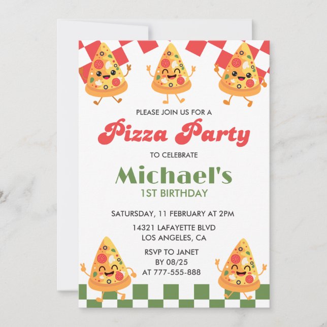 Invitaciones de cumpleaños de pizza| Moderna 1ra f (Anverso)