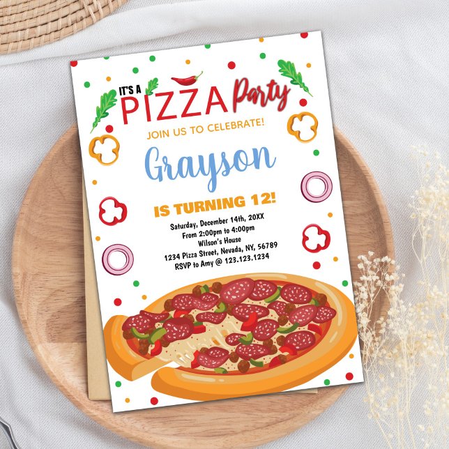 Invitaciones de cumpleaños de Pizza Roja Blanca de (Red Chilli White Red Pizza Birthday Invitations)