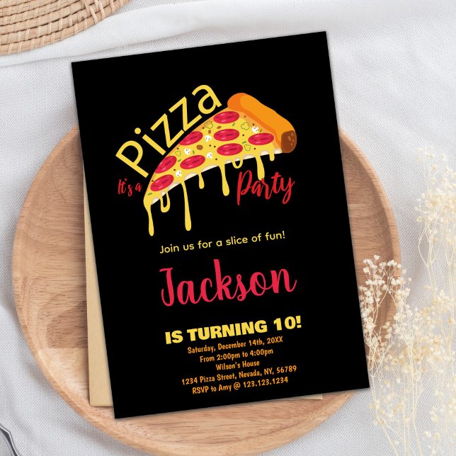 Invitaciones de cumpleaños de Pizza Roja negra nar (Orange Black Red Pizza Birthday Invitations)