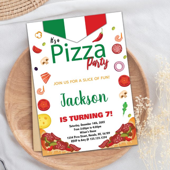 Invitaciones de cumpleaños de Pizza Roja Verde (Green White Red Pizza Birthday Invitations)