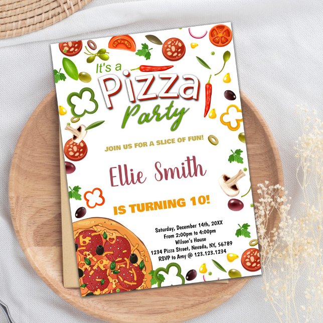 Invitaciones de cumpleaños de Pizza Roja Verde Veg (Green Vegetable Red Pizza Birthday Invitations)