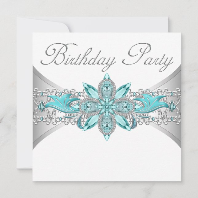 Invitaciones de cumpleaños de plata y azul turques (Anverso)