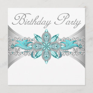 Invitaciones de cumpleaños de plata y azul turques