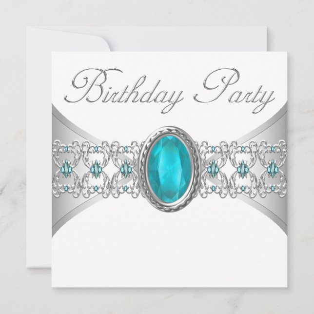 Invitaciones de cumpleaños de plata y azul turques (Anverso)