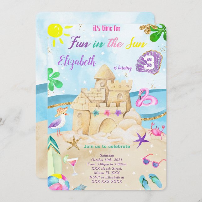 Invitaciones de cumpleaños de playa (Anverso / Reverso)