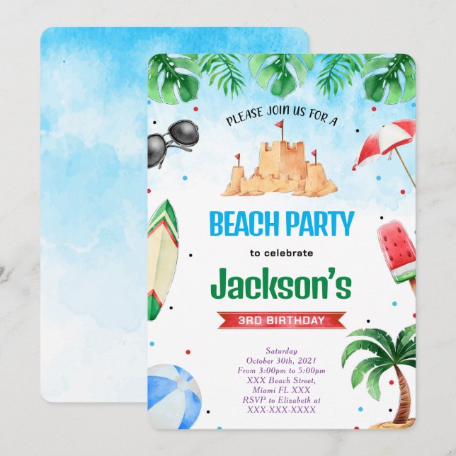 Invitaciones de cumpleaños de playa editables (Anverso / Reverso)