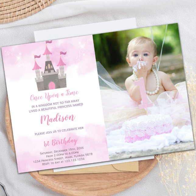 Invitaciones de cumpleaños de Princesa Castillo Ro (Pink Castle Princess Birthday Invitations w Photo)
