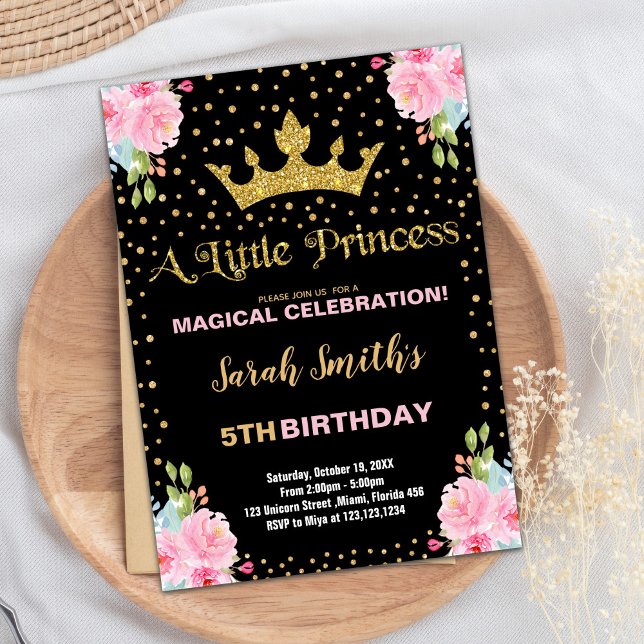 Invitaciones de cumpleaños de princesa de corona P (Black Glitter Crown Princess Birthday Invitations)