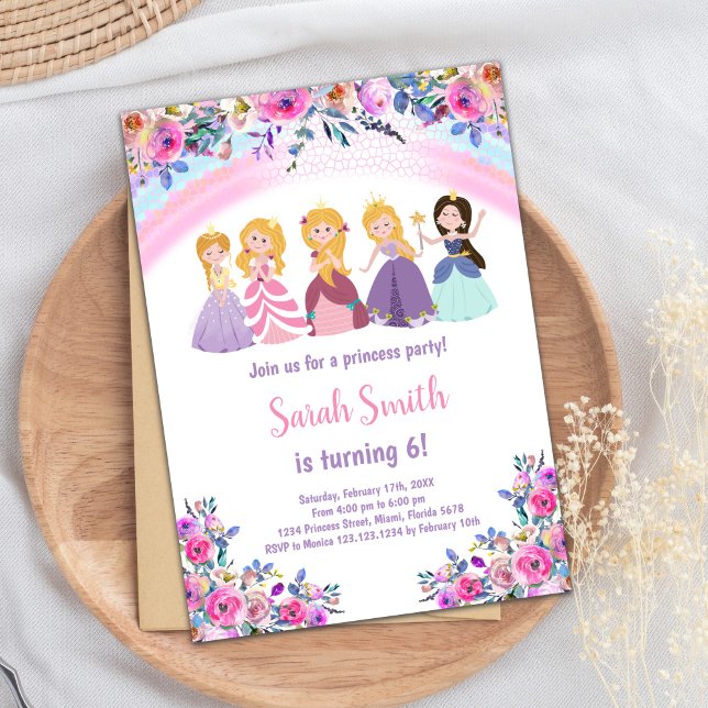 Invitaciones de cumpleaños de Princesa Floral de A (Pink Rainbow Floral Princess Birthday Invitations)