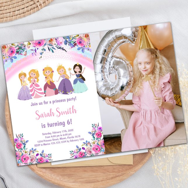 Invitaciones de cumpleaños de Princesa Floral de F (Pink Photo Floral Princess Birthday Invitations)