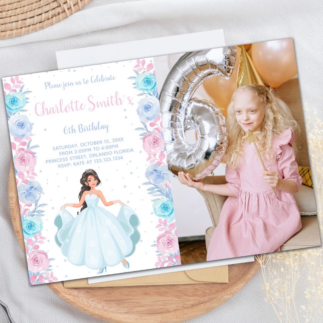 Invitaciones de cumpleaños de Princesa Floral de F (Pink Photo Floral Princess Birthday Invitations)