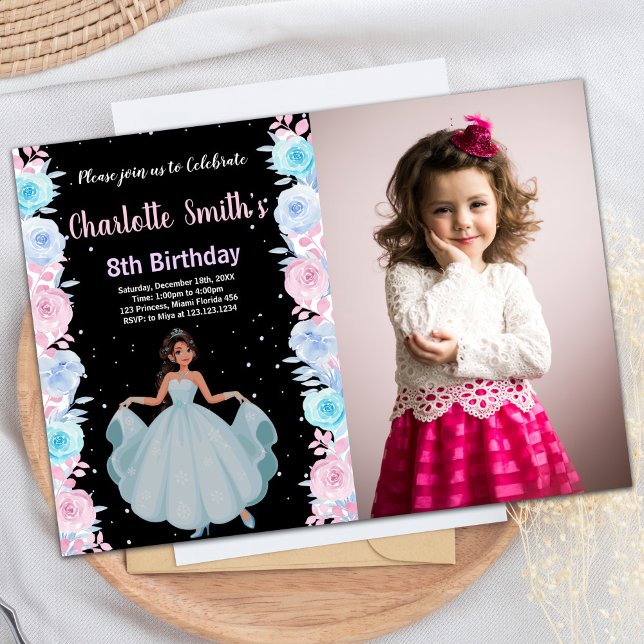 Invitaciones de cumpleaños de Princesa Floral Rosa (Photo Pink Floral Princess Birthday Invitations)
