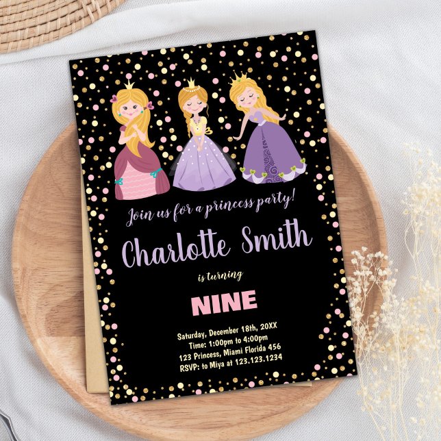 Invitaciones de cumpleaños de Princesa Floral Rosa (Black Pink Floral Princess Birthday Invitations)