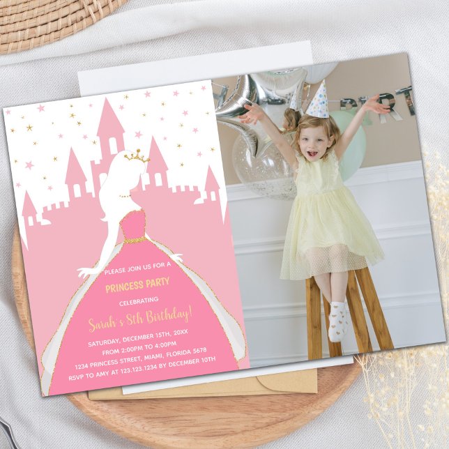Invitaciones de cumpleaños de princesa rosa con fo (Pink Princess Birthday Invitations with photo)