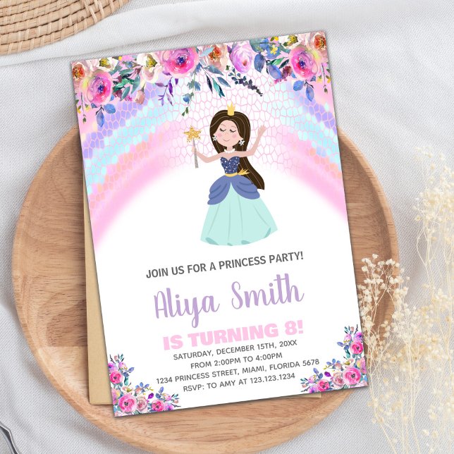 Invitaciones de cumpleaños de Princesa Rosa Floral (Rainbow Floral Pink Princess Birthday Invitations)