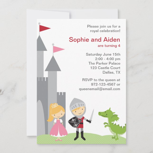 Invitaciones de cumpleaños de princesa y caballero (Anverso)