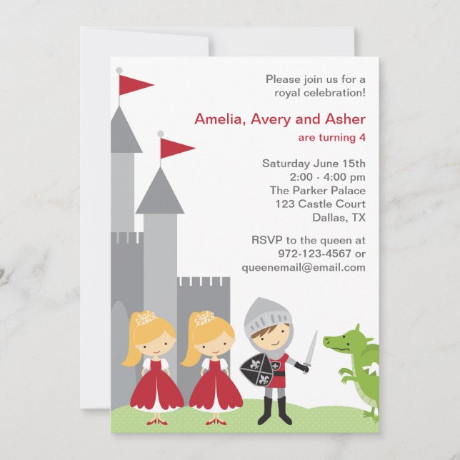 Invitaciones de cumpleaños de princesa y caballero (Anverso)