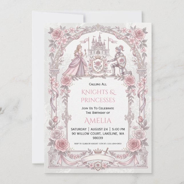 invitaciones de cumpleaños de princesa y caballero (Anverso)