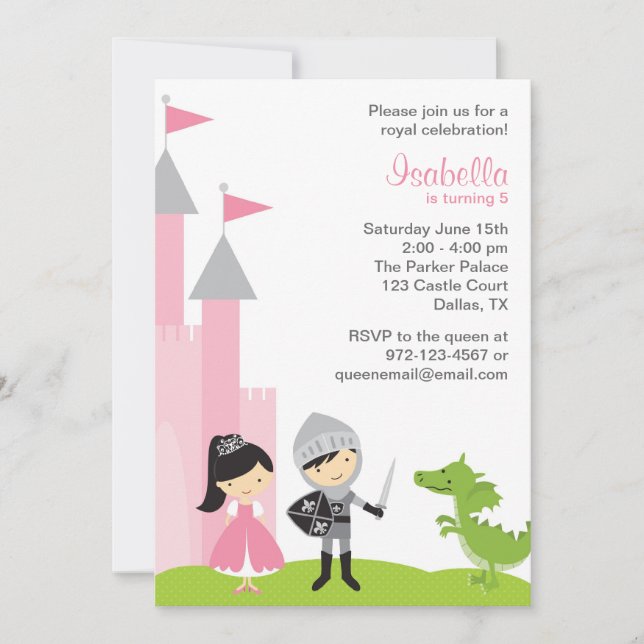 Invitaciones de cumpleaños de princesa y caballero (Anverso)