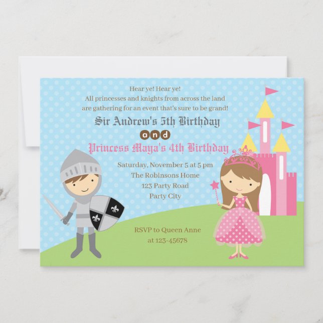 Invitaciones de cumpleaños de princesa y caballero (Anverso)