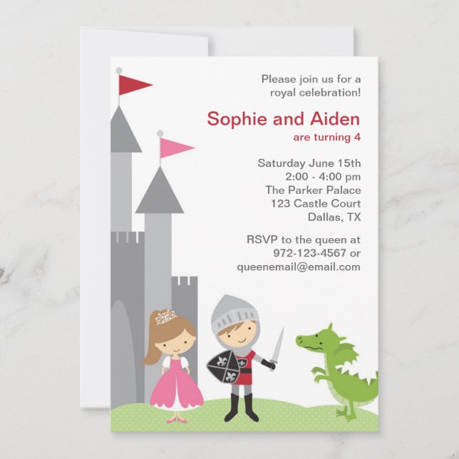 Invitaciones de cumpleaños de princesa y caballero (Anverso)