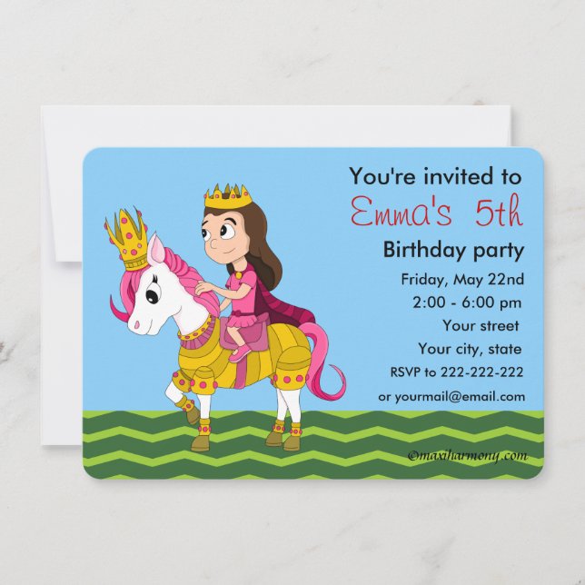 Invitaciones de cumpleaños de Princesa y personali (Anverso)