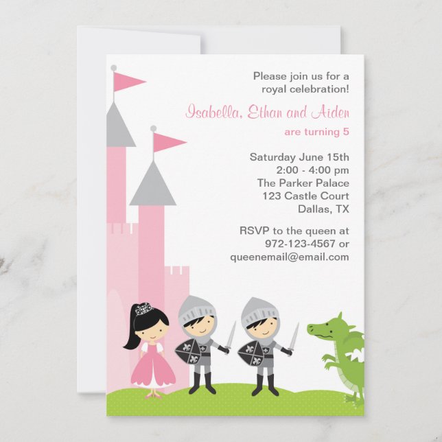 Invitaciones de cumpleaños de princesas y caballer (Anverso)