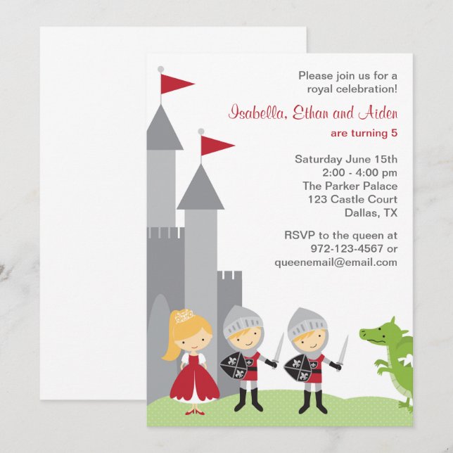 Invitaciones de cumpleaños de princesas y caballer (Anverso / Reverso)