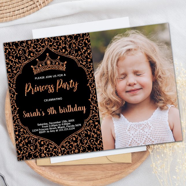 Invitaciones de cumpleaños de Princess Copper Purp (Photo Copper Glitter Princess Birthday Invitations)