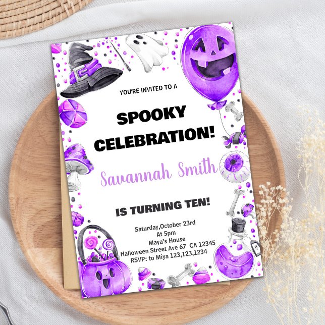 Invitaciones de cumpleaños de Purple Ballon Hallow (Purple Ballon Halloween Birthday Invitations)