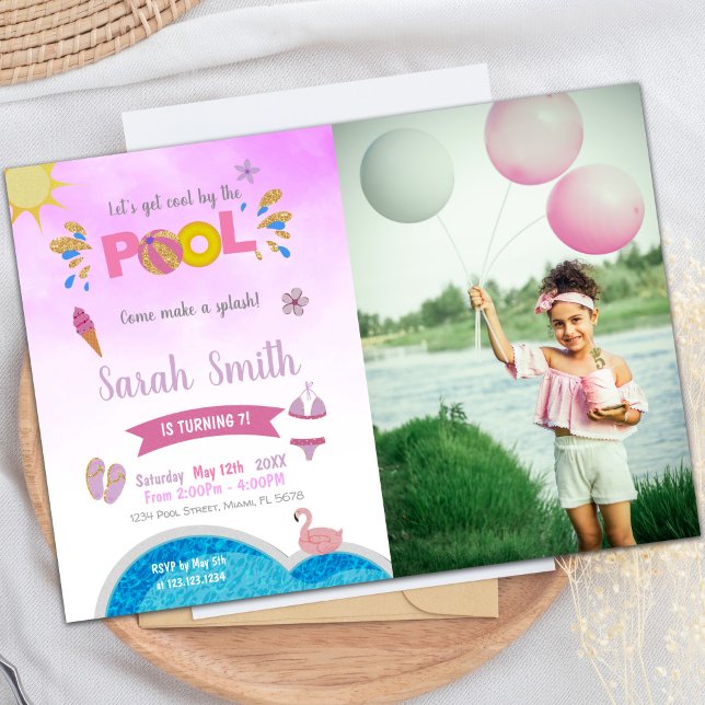 Invitaciones de cumpleaños de Púrpura con foto (Purple Pool Birthday Invitations with photo)