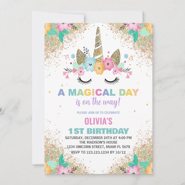 Invitaciones de cumpleaños de purpurina Unicornio (Anverso)
