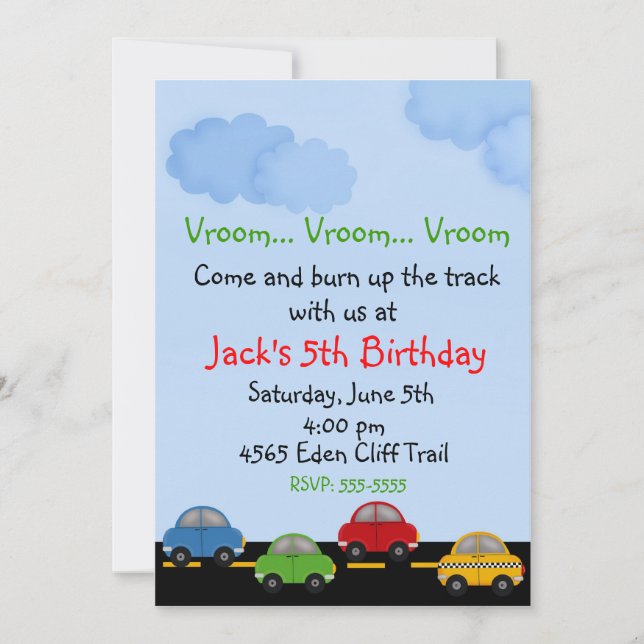 Invitaciones de cumpleaños de Race Car (Anverso)
