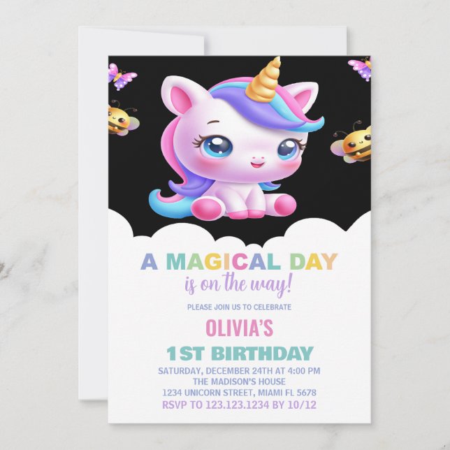 Invitaciones de cumpleaños de Rainbow Unicorn (Anverso)