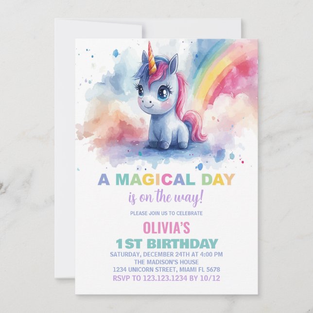 Invitaciones de cumpleaños de Rainbow Unicorn (Anverso)