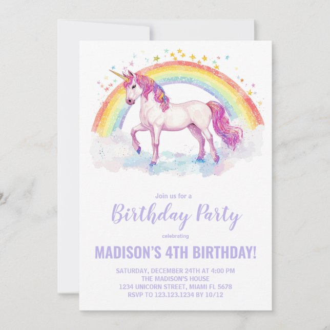 Invitaciones de cumpleaños de Rainbow Unicorn (Anverso)