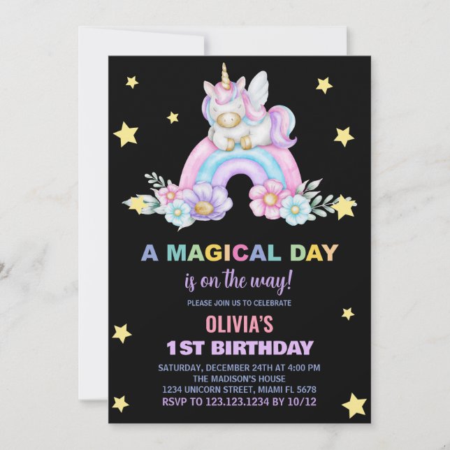 Invitaciones de cumpleaños de Rainbow Unicorn (Anverso)