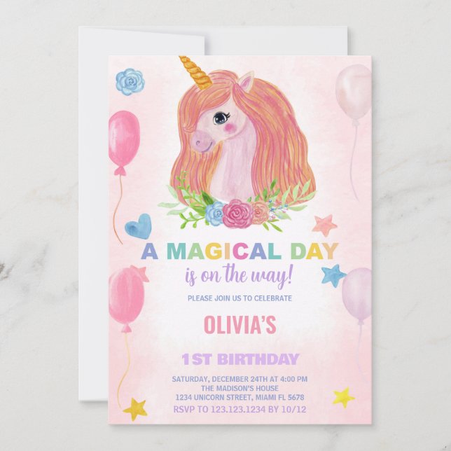 Invitaciones de cumpleaños de Rainbow Unicorn (Anverso)