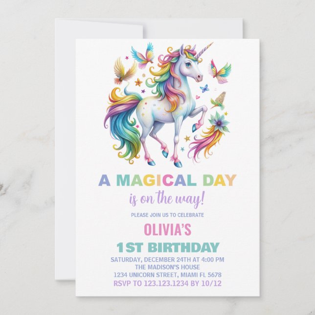 Invitaciones de cumpleaños de Rainbow Unicorn (Anverso)