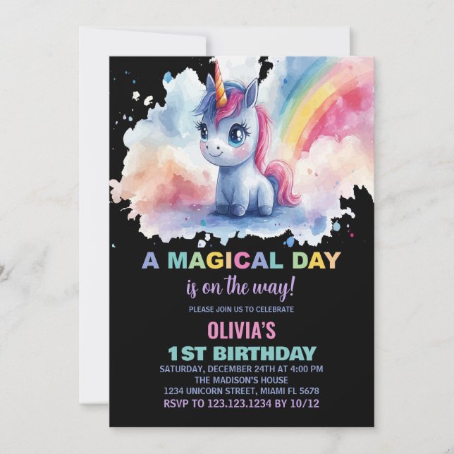 Invitaciones de cumpleaños de Rainbow Unicorn (Anverso)