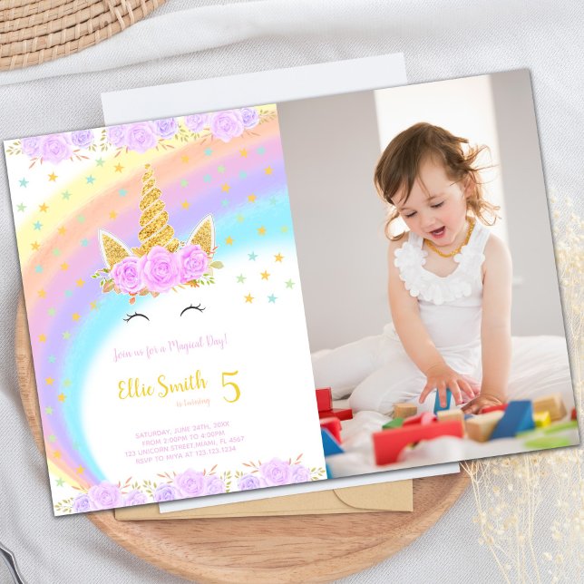 Invitaciones de cumpleaños de Rainbow Unicorn (Photo Rainbow Unicorn Birthday Invitations)