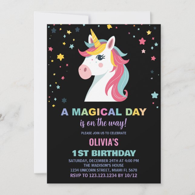Invitaciones de cumpleaños de Rainbow Unicorn (Anverso)