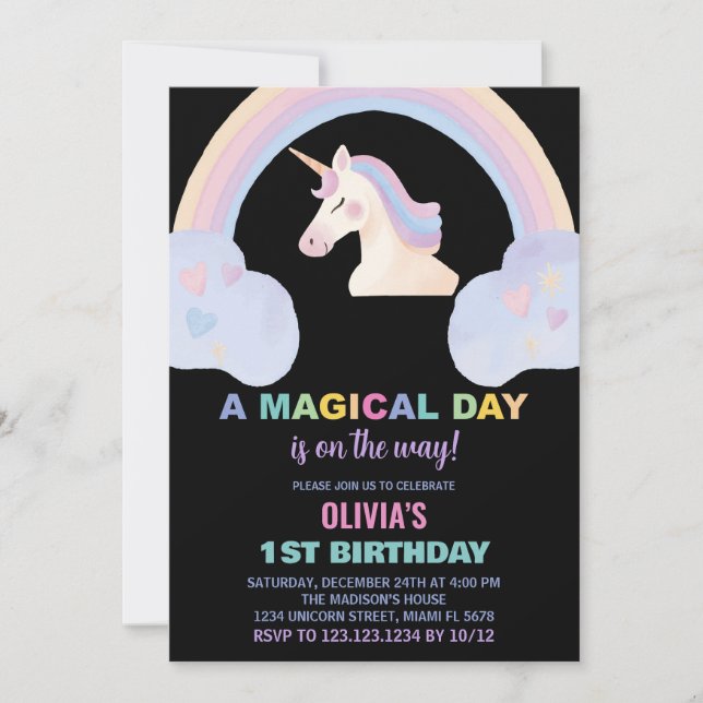 Invitaciones de cumpleaños de Rainbow Unicorn (Anverso)